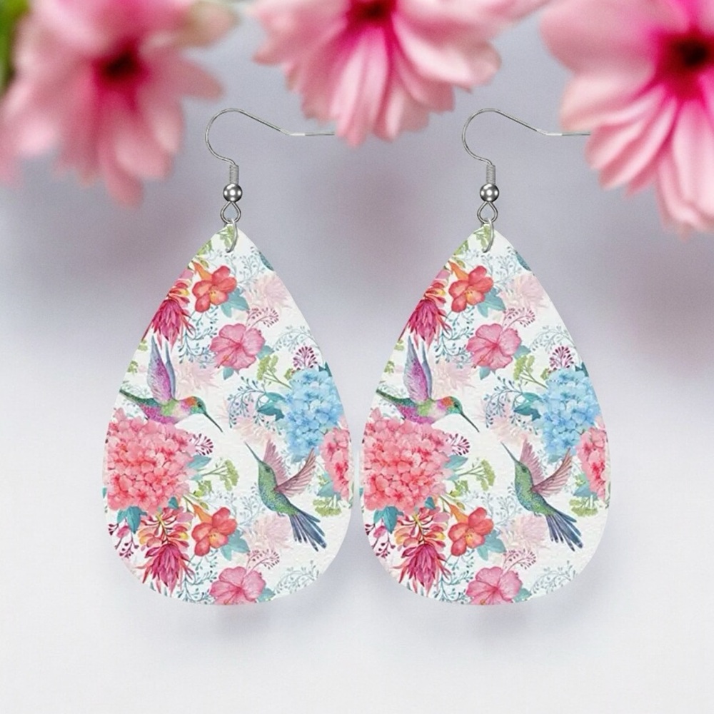 Pink Flower & Hummingbird Pattern Drop Earrings Lightweight Faux Leather